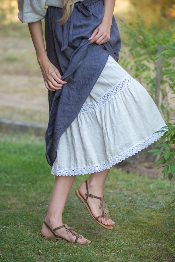 Linen Skirt Laced SANDRA / Linen Maxi Skirt/linen Wide Skirt