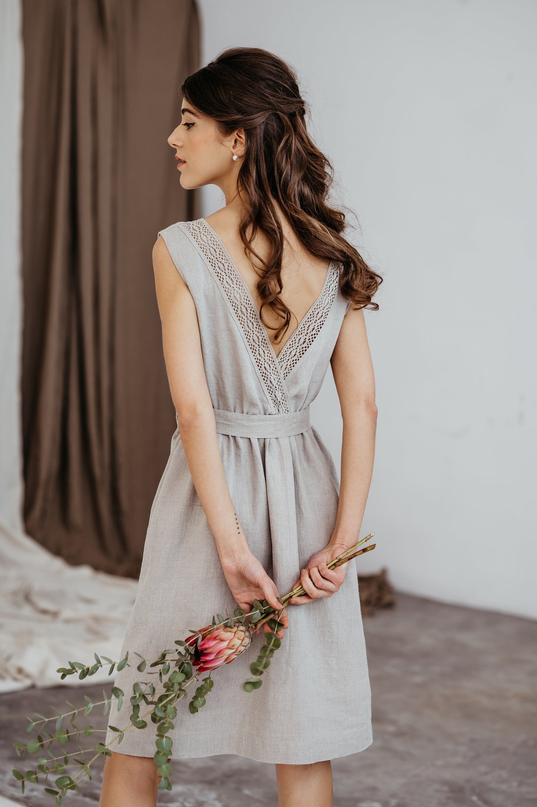 Linen Midi Dress MILA/ Elegant Linen Dress With Open Back and - Etsy