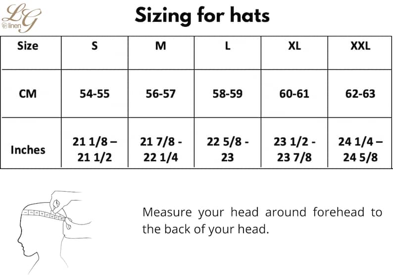 May include: A chart showing hat sizing in both inches and centimeters. The chart includes sizes S, M, L, XL, and XXL. The chart also includes instructions on how to measure your head for the proper hat size.