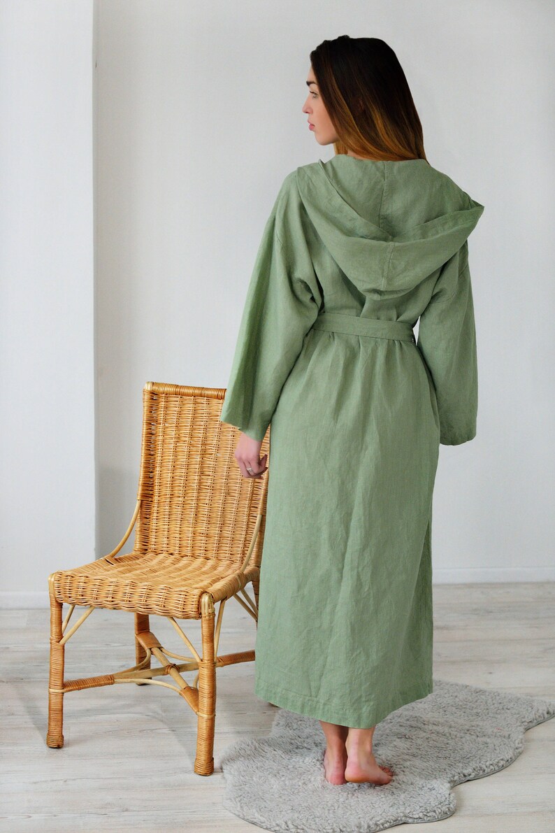 Linen long bath robe hooded