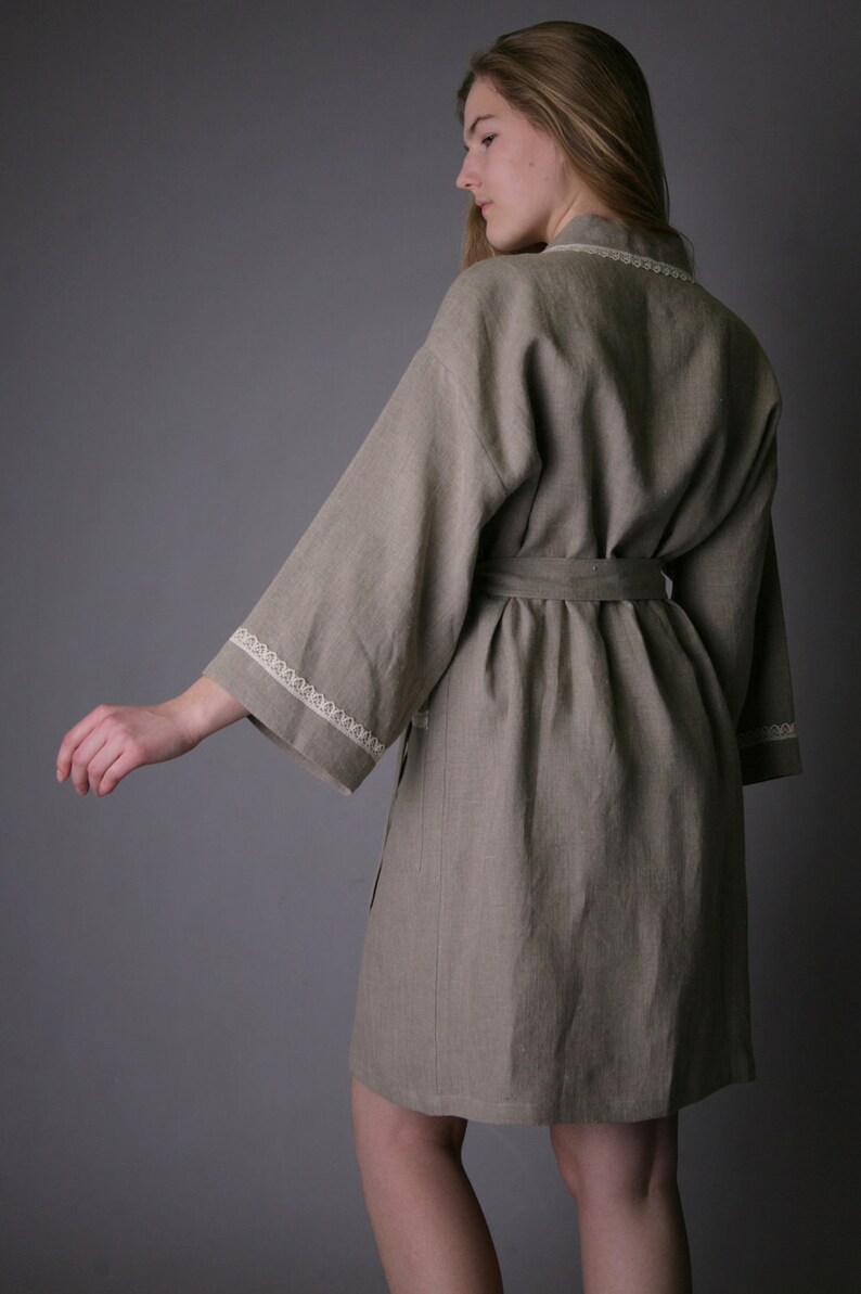Linen Bath Robe Natural GENOVA / Night Robe Short Laced/ Flax Etsy