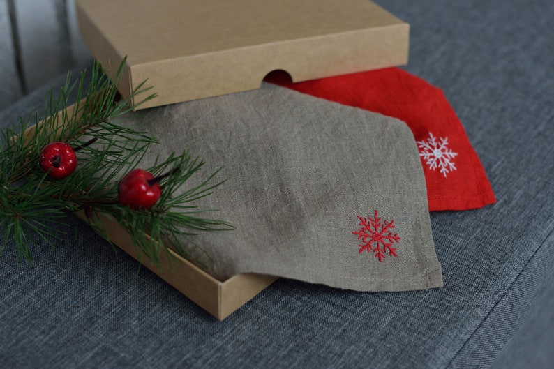 Luxurious gift set of linen towels with snowflake design embroidery
