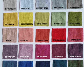 Könnte beinhalten: Eine Farbkarte mit 25 Stoffmustern, jedes etwa 5 cm x 5 cm groß, die eine Vielzahl von Farben und Texturen zeigen. Der Stoff ist 100% Leinen und wiegt 200 Gramm pro Quadratmeter. Die Farben umfassen Milchweiß, Vanillecreme, Hellrosa, Staubrosa, Natur, Hellblau, Bläuliches Grau, Seegrün, Pistazie, Silbergrau, Senf, Melonegelb, Limettengrün, Apfelgrün, Moosgrün, Mokka, Lachs, Terrakotta, Scharlachrot, Himbeere, Aubergine, Lavendel, Pfingstrosenrosa, Marsala, Dunkelviolett, Jeansblau, Königsblau, Dunkelblau, Blaugrün, Dunkelkhaki, Smaragdgrün, Erdbraun, Schokolade, Asphaltgrau und Schwarz.