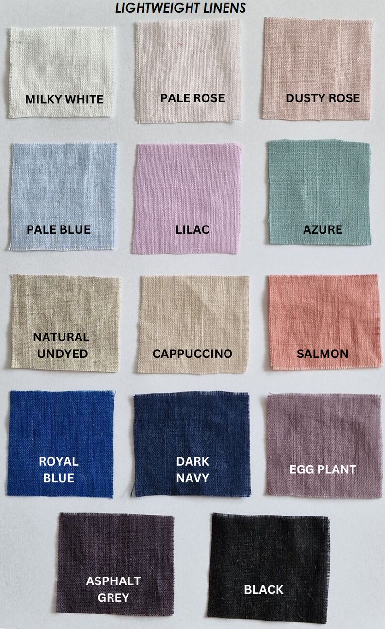 May include: A color chart of 12 fabric swatches, showing different shades of linen fabric. The swatches are arranged in a grid of four rows and three columns. The colors include milky white, pale rose, dusty rose, pale blue, lilac, azure, natural undyed, cappuccino, salmon, royal blue, dark navy, egg plant, asphalt grey, and black.