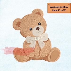 May include: Embroidered teddy bear in shades of brown with a cream-colored bow. The bear has black eyes and a stitched smile. The text "Available in 4 Size From 4" to 11"" is displayed on a small orange sign.