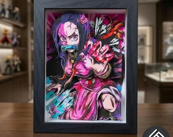 Handgefertigter Bilderrahmen aus Papier mit Motiven von Nezuko aus Demon Slayer – 3D-Schattenbox – Weltweiter Versand