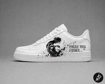 Zapatillas blancas personalizadas “Perdóname, Padre” – Arte anime artesanal - Hechas a mano - Zapatillas personalizadas