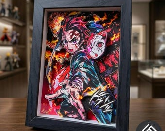 Handgefertigter Bilderrahmen aus Papier mit Motiven von Tanjiro aus Demon Slayer – 3D-Schattenbox – Weltweiter Versand