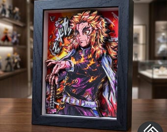 Handgefertigter Bilderrahmen aus Papier mit Motiven von Demon Slayer Rengoku – 3D-Schattenbox Demon Slayer – Weltweiter Versand