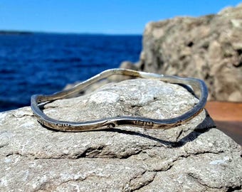 Vintage Sterling Silver Boho Coastal Wavy Bangle Bracelet: Organic Artisan Stacking Jewelry