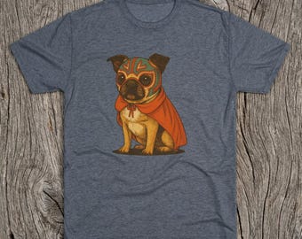 Pug Shirt, Luchador Dog Tee, Masked Wrestler Pup T Shirt, Pug Lover Gift, Cute Dog Dad Mom Gift, Unisex Tri Blend Tee