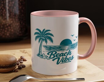 Beach Vibes Mug | Coastal Coffee Mug | Ocean Waves Palm Tree Mug | Beach Lover Gift | Summer Accent Mug