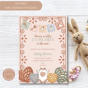 May include: A baby shower invitation with the text "CONCHITA BABY SHOWER INVITATION". The invitation is pink with decorative elements and the text "There's a little CONCHITA in the oven". Includes details for Emily Rivera's baby shower.