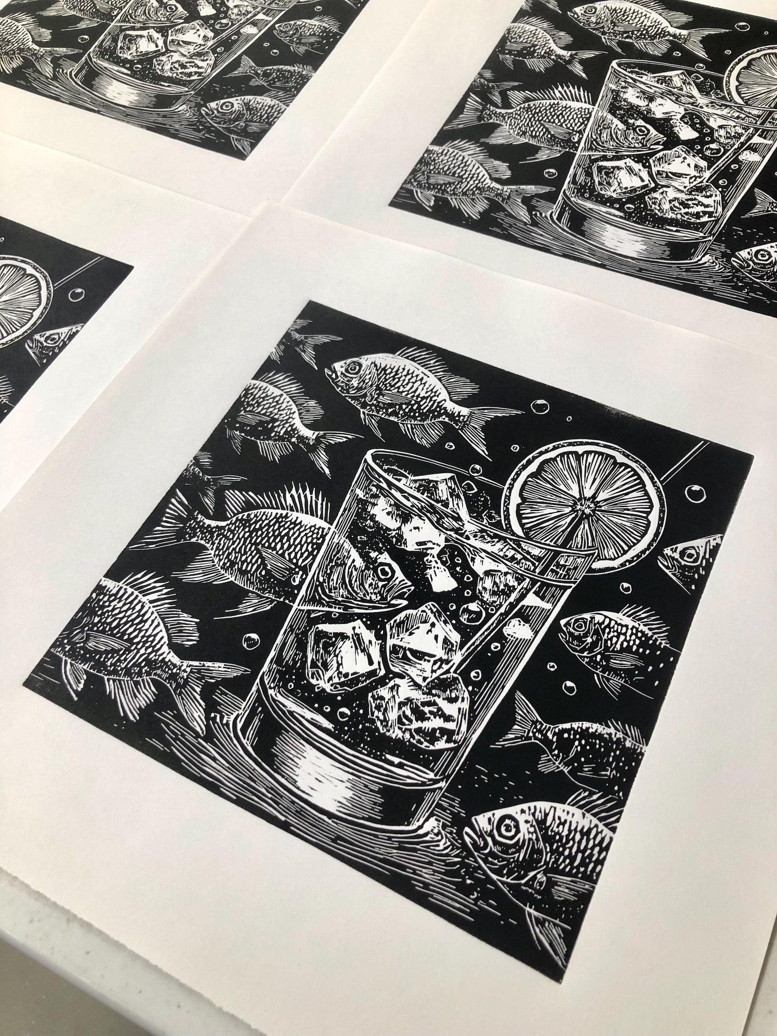 Drink Up- linoleum print