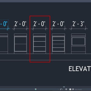 May include: An elevation view of a design, possibly for cabinetry or shelving, with dimensions in feet and inches. The design includes multiple cabinet units, with the central unit highlighted. The text "ELEVATION VIEW" is displayed at the bottom.