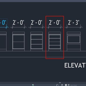 May include: An elevation view architectural drawing on a black background. The drawing shows several cabinet designs with dimensions in feet and inches. The text "ELEVATION VIEW" is at the bottom.