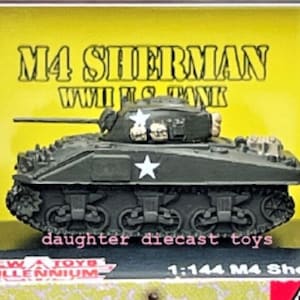 May include: A diecast model of an M4 Sherman WWII tank, olive drab in color, with a white star on the side and turret. The model is in a box with the text "M4 Sherman WWII Tank" and "1:144 M4 Sherman".