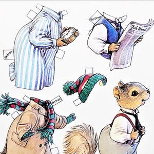 May include: A vintage paper doll set featuring Bertram Bushtail. The illustrations include a squirrel in various outfits, a striped pajama top, a coat with a scarf, and a hat. The squirrel is holding a clock and reading a newspaper.