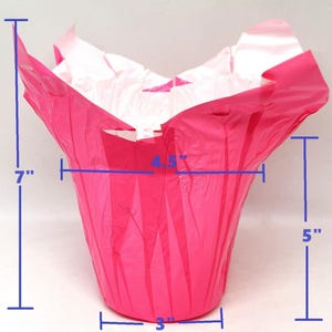 May include: A bright pink paper flower pot with a white interior. The pot is 7 inches tall, 3 inches wide at the base, and 4.5 inches wide at the top. The height of the pot's interior is 5 inches. The pot is made of folded paper.