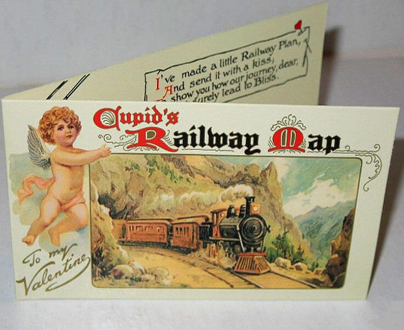 Vintage Valentines Day Card CUPID S RAILWAY Train MAP Mint Condition ...