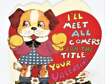 Tarjeta de San Valentín retro: ¡Perra con guantes de boxeo! En perfecto estado. Shackman Company.