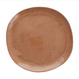 May include: A round, speckled plate with a warm, earthy tone. The plate has a slightly irregular shape and is covered in small, dark brown speckles. The plate is a solid color and has a glossy finish.