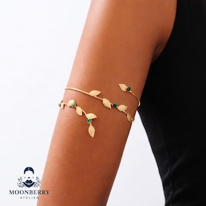 Boho Gold Leaf Arm Cuff – Adjustable Arm Bracelet with Green Stones
