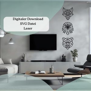 May include: Geometric metal wall art featuring a wolf, eagle, and bear. The artwork is black and mounted on a gray wall. The image also includes a living room setting with a TV, couch, and coffee table. Text on the image reads "Digitaler Download SVG Datei Laser."