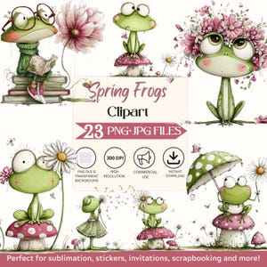 Vårgrodor Clipart – Akvarell barnrumskonst, klistermärkesdesign (direkt nedladdning)