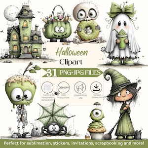 Puede incluir: Una colección digital de imágenes prediseñadas de Halloween con una casa embrujada, un cubo de dulces, un esqueleto con una dona, un fantasma con una bebida, un esqueleto con una manzana, una araña en una telaraña, un cupcake y una bruja con una escoba. El texto incluye Halloween Clipart, 31 PNG+JPG FILES, 300 DPI, HIGH RESOLUTION, COMMERCIAL USE e INSTANT DOWNLOAD.
