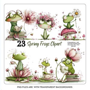 Könnte beinhalten: Ein digitaler Kunstdruck mit 23 skurrilen Frühlingsfrosch-Cliparts. Die Frösche werden in verschiedenen Szenen dargestellt, tragen Brillen, lesen Bücher und halten Blumen. Der Text "23 Spring Frogs Clipart" ist deutlich sichtbar.
