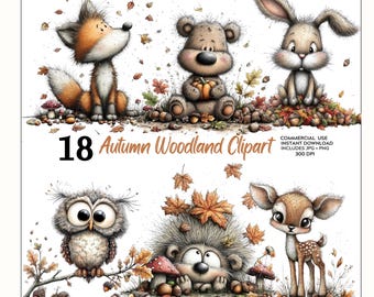 Autumn Woodland Animal Clipart PNG Bundle | Watercolor Nursery Animals | Cute Fox Deer Bunny Owl Bear Hedgehog Clipart | Commercial Use