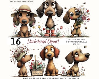Clipart de perro salchicha en acuarela: Perro salchicha con flores de primavera (archivos PNG y JPG)
