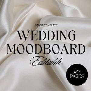 May include: A wedding moodboard template with the text "Wedding Moodboard Editable" over a background of draped, off-white fabric. The words "Canva Template" are at the top, and a black circle with "30+ Pages" is at the bottom.