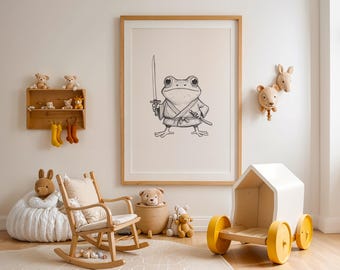 Lienzo decorativo de rana samurái, ilustración mate enmarcada, decoración animal de estilo japonés