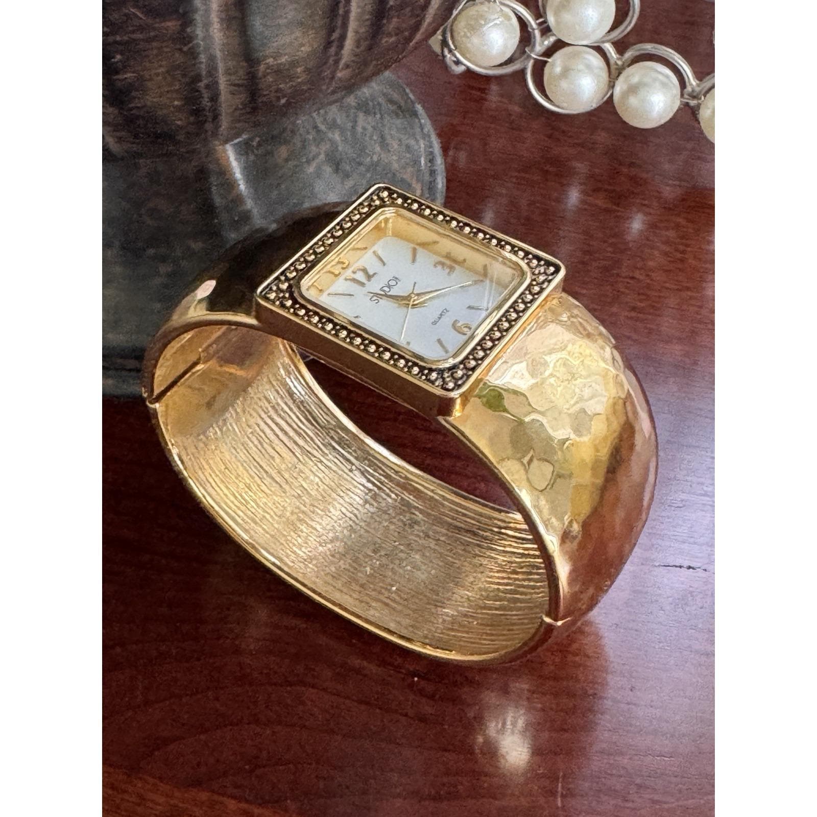 Studio STD2458 Womens HammeredCuff Bracelet Watch Square Beaded Bezel Japan Movt Japan Movt Bezel Watch - Etsy main image 4