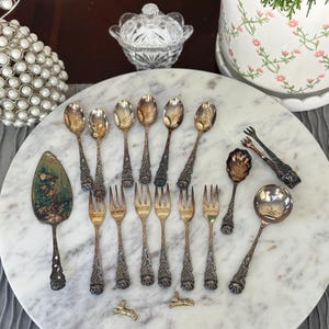 Vintage German 800 Solid Silver Hildesheimer Rose Dessert Set 16 Piece Antique Pastry Forks, Coffee Spoons, Cake Server & Tongs