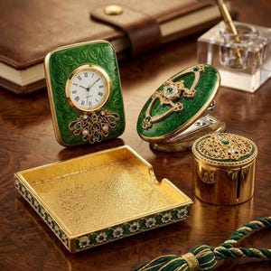 May include: An assortment of decorative items, including a green and gold clock, a small round box, a rectangular tray, and a pen holder with a feather. The items are embellished with jewels and intricate designs, set on a wooden surface.