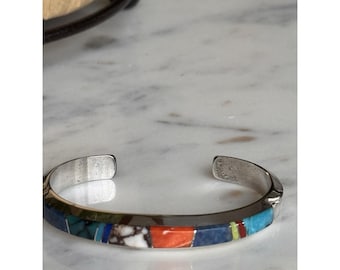 Wayne Muskett Navajo Sterling Silver Multi-Stone Inlay Cuff Bracelet Turquoise