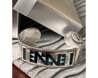 Signed Zuni Leander Lisa Othole SterlingSilver Inlay Cuff Bracelet Turquoise Vtg