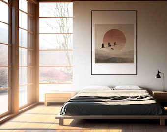 Lámina artística minimalista de grulla japonesa: Paisaje de sol rojo