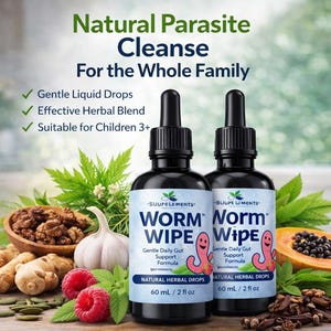 May include: Two black bottles of "Worm Wipe" natural herbal drops, 2 fl oz each, with a cartoon worm graphic. The image includes text: "Natural Parasite Cleanse For the Whole Family." Ingredients like ginger, garlic, and raspberries are also visible.