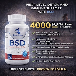 May include: A white and blue bottle of iBlue Labs BSD capsules. The label highlights "Renew. Refresh. Realign." and lists ingredients like Nattokinase and Curcumin. The text also mentions "High Strength. Proven Formula."