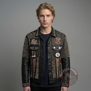 Mens Spike Stud Punk Jacket Tank Rats Leopard Print Splatter Back Patch