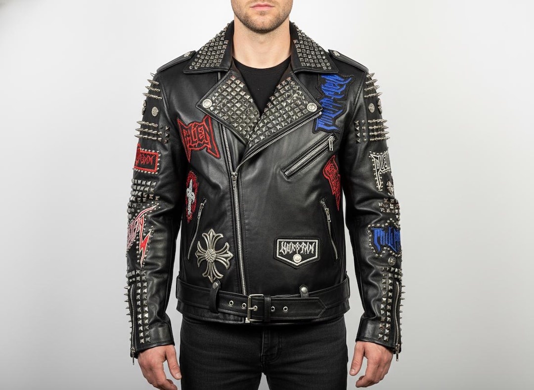 Mens Black Studded Leather Jacket Colorful Rock Patches Chrome