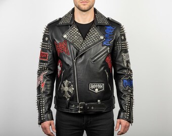 Mens Black Studded Leather Jacket Colorful Rock Patches Chrome