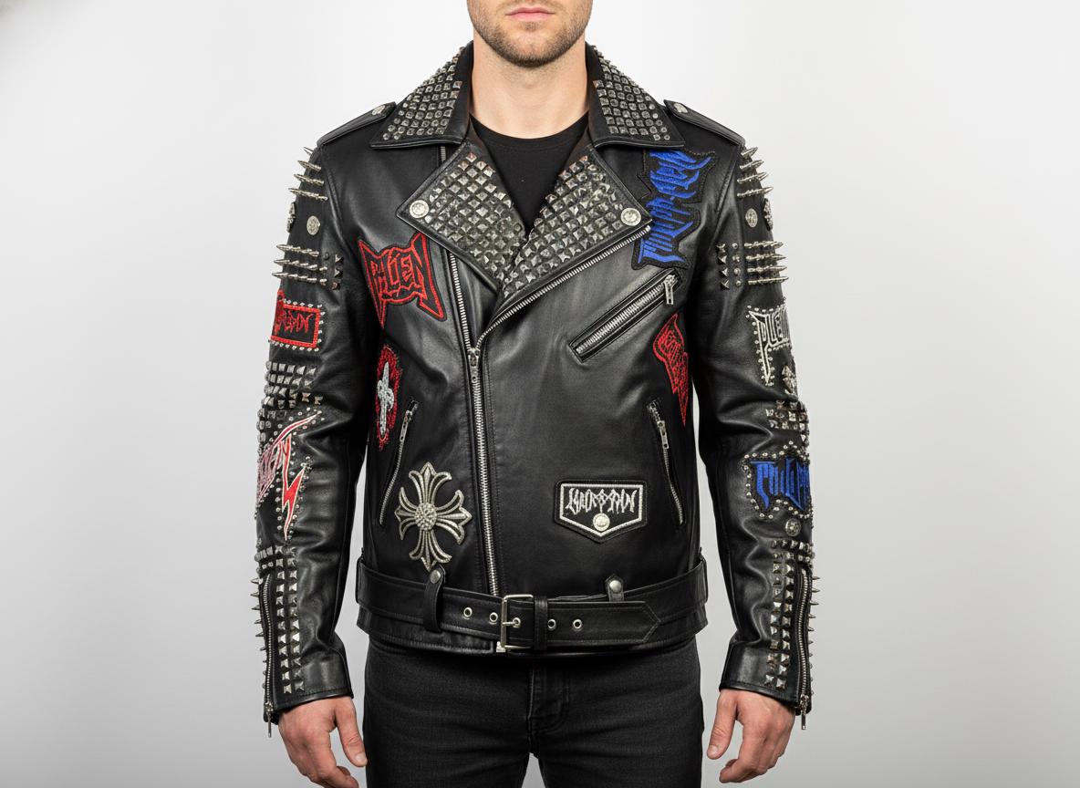Mens Black Studded Leather Jacket Colorful Rock Patches Chrome