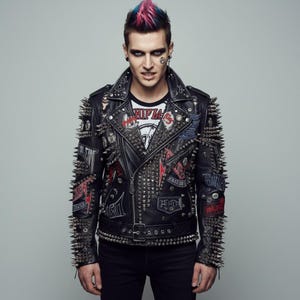 Mens Black Spike Studded Leather Jacket Philipp Plein Style Patches
