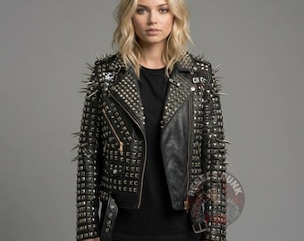 Womens Punk Studded Leather Jacket Full Spike Pyramid Biker