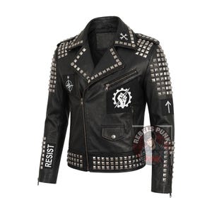 Chaqueta de cuero punk para hombre con tachuelas y parches estampados UV, estilo motero/moto rock.